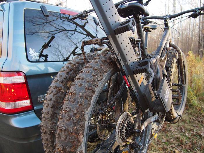 Fat bikes can be a tough fit in a car rack, we had good results with the Saris Freedom and upgraded wheel trays to fit fat tires.